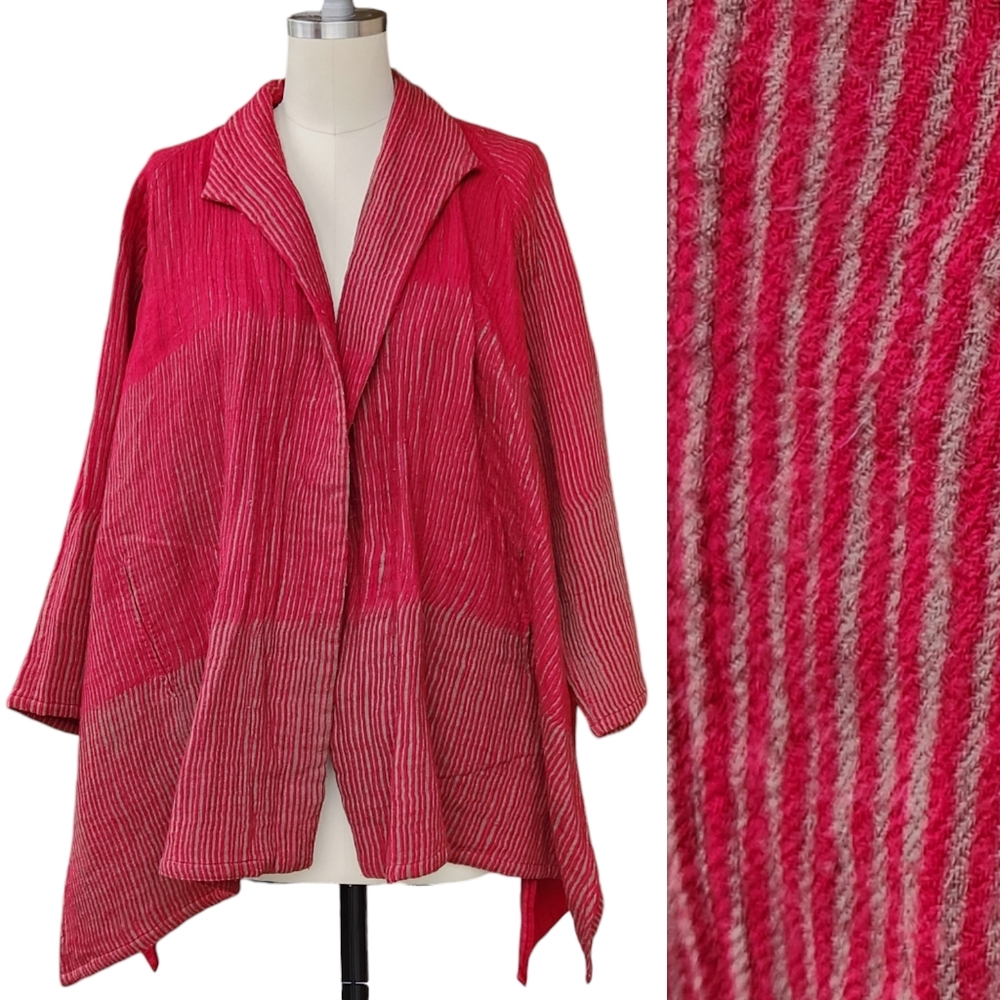 Neeru Kumar Wool Striped Cropped Swing Jacket Coat pockets open S M lagenlook